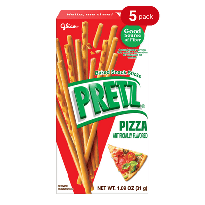 Front packaging of Pretz pizza-flavored baked snack sticks with a red and white design.