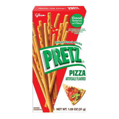 Box of Pretz pizza-flavored baked snack sticks with red and white design.