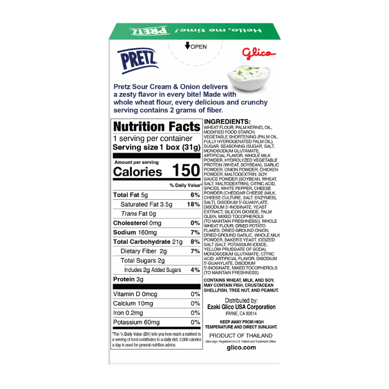 Nutrition facts label for Pretz Sour Cream & Onion on a white background