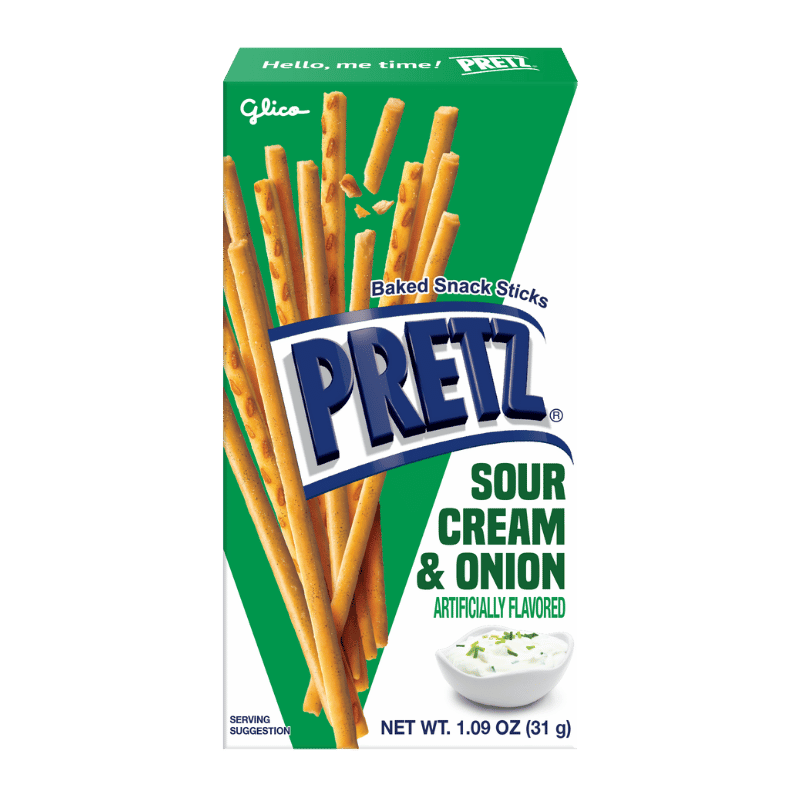 Box of Pretz Sour Cream & Onion baked snack sticks with green and white background