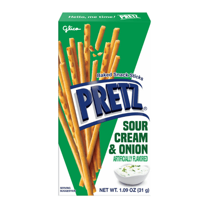 Box of Pretz Sour Cream & Onion baked snack sticks with green and white background