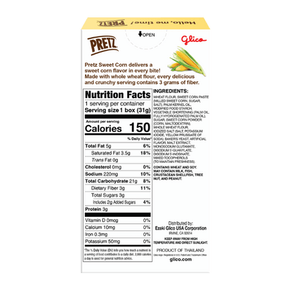 Glico Pretz Sweet Corn packaging with nutrition facts label on a white background