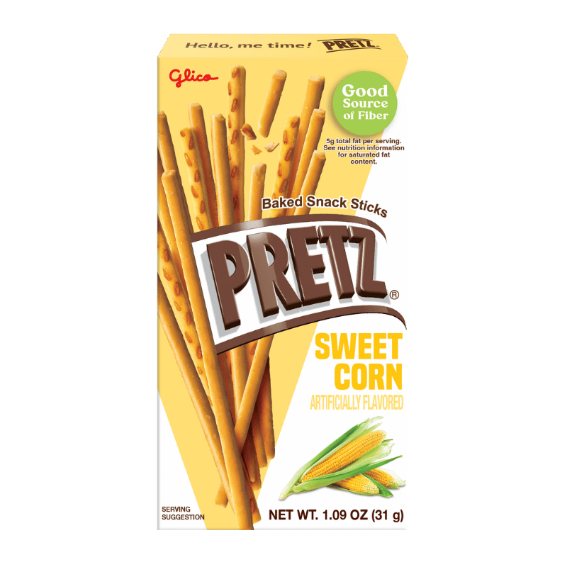 Box of Pretz Sweet Corn baked snack sticks with white and yellow design