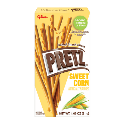Box of Pretz Sweet Corn baked snack sticks with white and yellow design