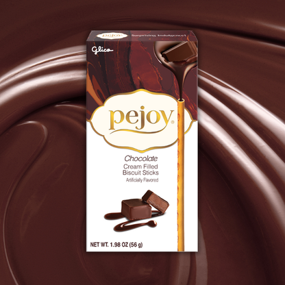 Pejoy Chocolate 1.98 oz product package with chocolate background